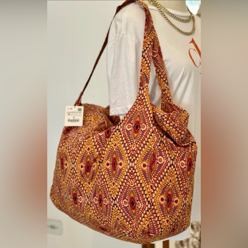 ZARA Cotton Fabric Shopper Cloth Shoulder TOTE Bag, Zipper and Pockets, XLarge - Picture 3 of 14